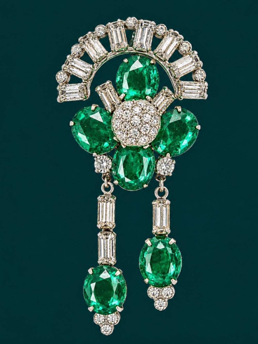 Vintage Faux Emerald & Rhinestone HUGE Pendant Pin Brooch HUGE 3” Long Dangle